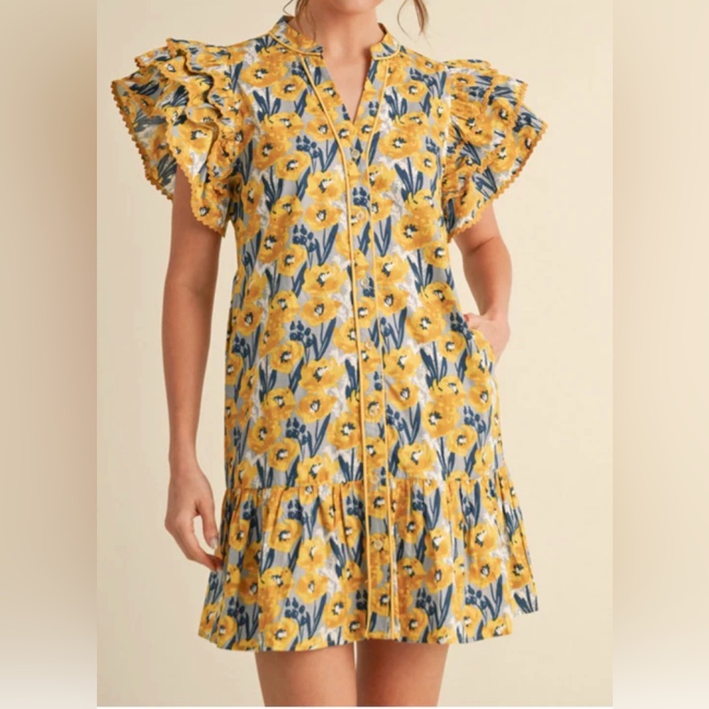 Hudson Gray Floral Print Dress Size Large Ruffle Ric Rac Trim
